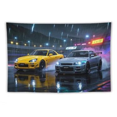 Imagem de HouLaiZhe JDM Tapeçaria de carro S2000 R34 Corrida noturna chuvosa Jdm pendurar na parede quarto decoração de casa tapeçarias estética piquenique decoração de parede arte de parede para dormitório