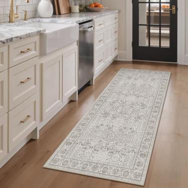 Imagem de Bavni Tapete de corredor de 6 x 15 cm para corredores, tapete lavável antiderrapante, estilo estampa floral vintage para quarto - Tapete leve de pelo baixo para corredores e banheiro, cinza claro