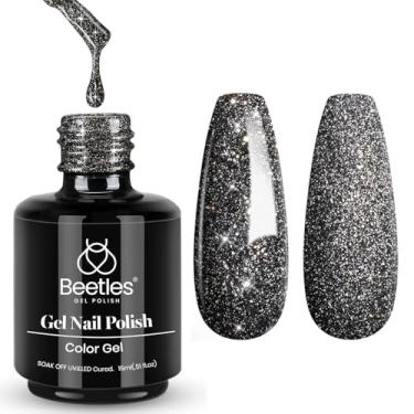 Imagem de Esmalte de gel preto Beetles, 1 peça de esmalte de gel com glitter de 15 ml, preto, brilhante, reflexivo, cor brilhante, lâmpada UV, discoteca, arte de unhas, manicure, faça você mesmo, presentes em