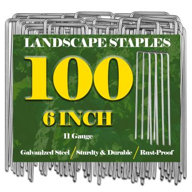 Imagem de Pacote com 100 grampos galvanizados para paisagem, estacas resistentes em forma de U de 15 cm, estacas de jardim de tecido de gramado para proteção de paisagismo, tubos de irrigação, cercas (pacote