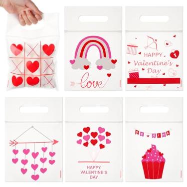 Imagem de ASOEMERZ 48 peças de sacos de presente de dia dos namorados, sacos de guloseimas de celofane com alças tira de vedação para crianças, sala de aula, intercâmbio escolar, lembrancinhas de festa dos