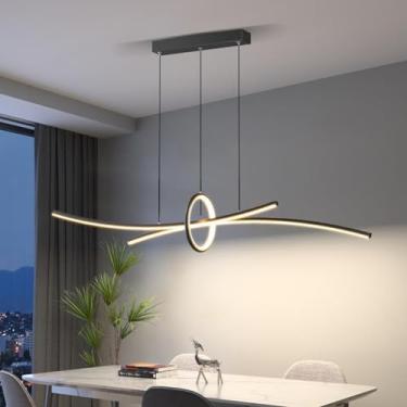 Imagem de Luminária pendente LED moderna de 110 cm para mesa de jantar, com intensidade regulável e controle remoto. Altura ajustável, ideal para sala de estar e mesa de jantar (preta).