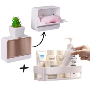 Imagem de Kit Suporte Adesivo Porta Shampoo Organizador Banheiro + Saboneteira De Parede Para Banheiro Suporte Porta Sabonete Com Fixação Adesivo Com Fita Adesiva