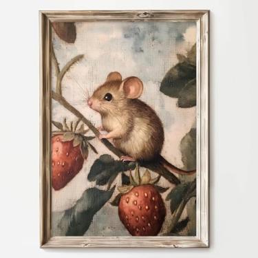 Imagem de Arte de parede de rato vintage impressões de frutas botânicas pintura animal vintage pôster de morango imagens de rato impressões de animais rústicas arte de parede de rato engraçado arte de parede