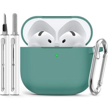 Imagem de Capa para AirPods 4 2024 com kit de limpeza, capa protetora de silicone macio para Apple AirPods 4ª geração, capas para mulheres e homens, com chaveiro, verde