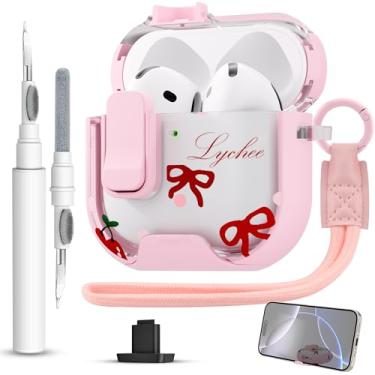 Imagem de Meiyasy Capa para AirPods 4 com clipe de bloqueio seguro no suporte de telefone, capa protetora floral feminina com kit de limpeza e alça de mão para Apple AirPod 4 Geração (laço rosa)