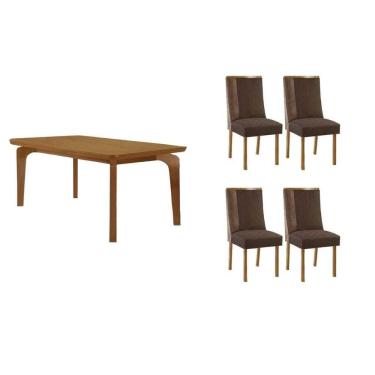 Imagem de Sala Jantar Mesa Londrina Tampo Curvo 120cm+4 Cadeiras Tilia Madeira Naturale - Capuccino/Suede Marrom - Rufato
