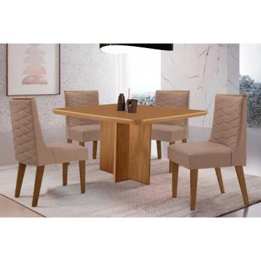 Imagem de Sala Jantar Mesa Berlim Tampo Curvo 90cm+4 Cadeiras Dafne Madeira Naturale - Capuccino/Suede Capuccino - Rufato
