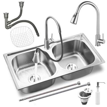 Imagem de LarSofia Kit Pia Cuba para Cozinha Aço Inoxidável SUS304, 78x36cm, 16 Gauge 3mm, com Torneira 360°, Cesto de Drenagem, Dispensador de Sabão, Tubulação Trançada, 5 Peças Completo (78x36)