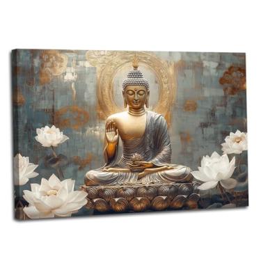 Imagem de Arte de parede em tela de Buda Zen Dourado Estátua de Buda Impressões de Buda com imagem de lótus para decoração de meditação emoldurado (Buda - 1,24 x 36 polegadas (60 x 90 cm))