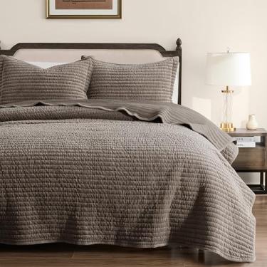 Imagem de WDCOZY Conjunto de colcha de veludo Queen Size – Colcha de cama macia e leve listrada bege, marrom neutro, com nervuras rústicas, camelo acinzentado, roupa de cama moderna, Kakhi, edredom fino, quente