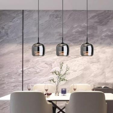 Imagem de Luminária pendente LED moderna, preta e cinza, tricolor, com regulagem de intensidade (3000K, 4000K, 6000K), 960 lúmens, cúpula de vidro transparente, ideal para cozinha, restaurante, bar e
