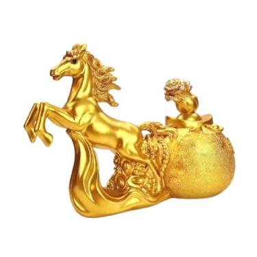 Imagem de WeiLaiKeQi Estátua de cavalo chinês para mesa, escultura de animais em resina, símbolo de Feng Shui para atrair fortuna e decorar estante de livros no quarto, 26x19cm