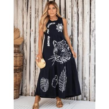 Imagem de Vestido longo elegante feminino onça tecido soltinho confortável verão