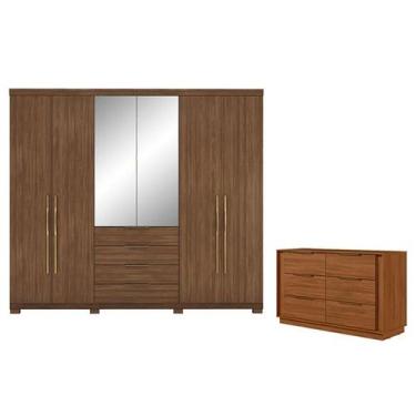 Imagem de Cômoda e Guarda Roupa Casal Giardino 6 Gavetas Nogueira Touch com Espe