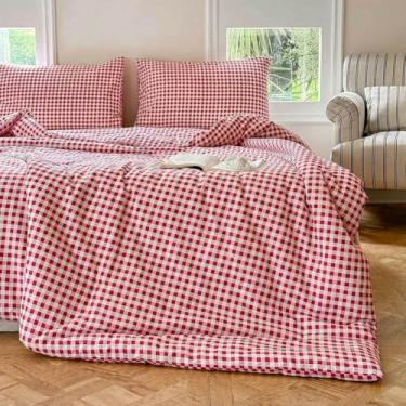 Imagem de NSNLGSGC Conjunto de capa de edredom queen com grade de guingão vermelho, 100% algodão lavado, xadrez, ultramacio, leve (3 peças, Queen)