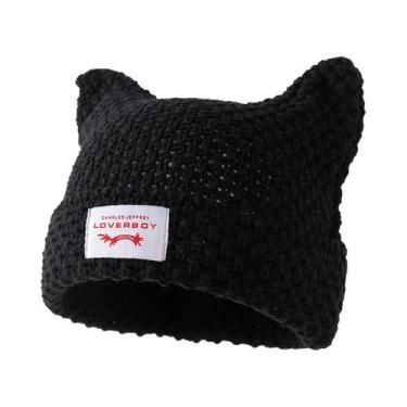 Imagem de Gorro De Tricô Listrado Unissex Y2K Feito À Mão Com Orelhas De Gato, G