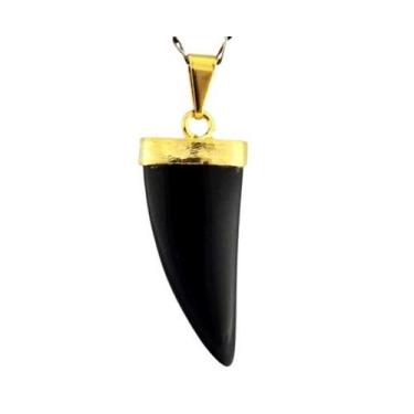 Imagem de Colar Dente de Dragão Pedra Obsidiana Negra Natural Dourado - Cristais