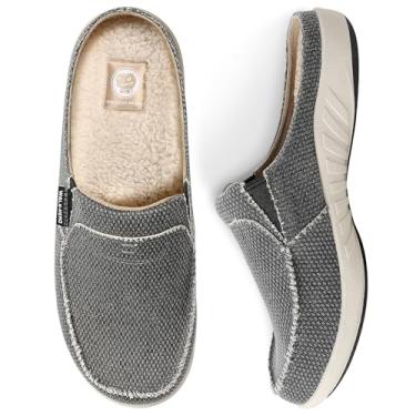 Imagem de Chinelos masculinos com suporte de arco, chinelo de lona para homens com forro de veludo, tamanco sem fecho, sapatos internos e externos com sola de borracha antiderrapante, Preto (palmilhas de lã