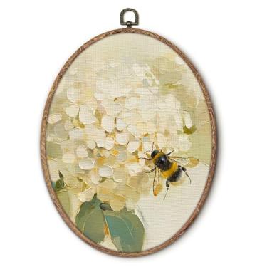 Imagem de Hxlac Arte de parede oval vintage primavera hortênsia abelha emoldurada, decoração de parede oval floral de abelha rústica, impressão em tela de animais de fazenda para decoração de casa, sala de