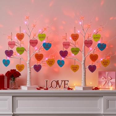 Imagem de OLANRUN Decoração de Dia dos Namorados, 2 árvores de bétula clara – Árvore artificial LED vermelha e roxa de 61 cm, 24 enfeites de coração, USB e pilha, decoração de dia dos namorados para casa