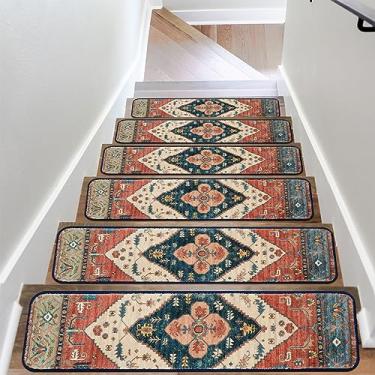 Imagem de Passos de escada antiderrapantes para degraus de madeira tapetes orientais internos para escadas, tapetes de escada com suporte de borracha, sem resíduos, 20 x 76 cm, tapetes de escada para crianças e