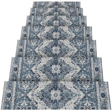 Imagem de Escada antiderrapante de 20 x 76 cm, tapete de escada com suporte de borracha azul marinho lavável e reutilizável para degraus de madeira, degraus de escada de segurança interna para crianças e cães