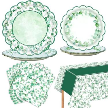 Imagem de RAORAOYUE 41 peças de decoração de festa de folha de eucalipto, suprimentos de chá de bebê vegetal, conjunto de louça descartável para folhas de eucalipto, utensílios de mesa de festa para bebês