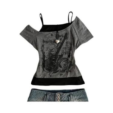 Imagem de Camiseta Feminina Y2K Slim Fit Com Ombros À Mostra, Estampa Vintage, M