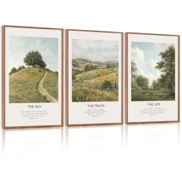 Imagem de LHIUEM Arte de parede em tela emoldurada com versículo da Bíblia cristã, decoração de parede de Jesus vintage, pintura de paisagem de escritura religiosa, arte natural The Way The Truth para sala de