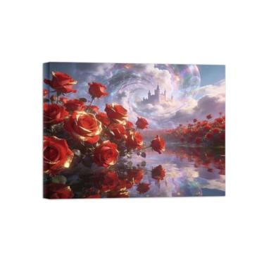 Imagem de BMZFYBS Impressão em tela de arte de parede de surrealismo - Red Rose Lake - Pintura de paisagem - Imagens para sala de estar pronta para pendurar tela emoldurada 90 x 117 cm 35 x 46 pol