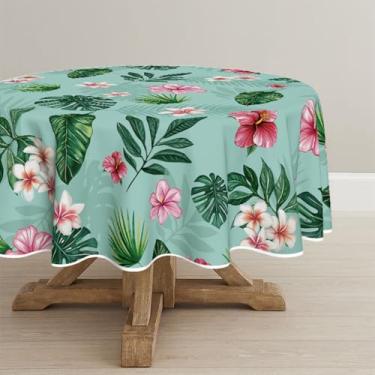 Imagem de Horaldaily Toalha de mesa redonda de verão, 228 x 234 cm, flores tropicais, verde Monstera, lavável, sazonal, para decoração de festa, piquenique, jantar