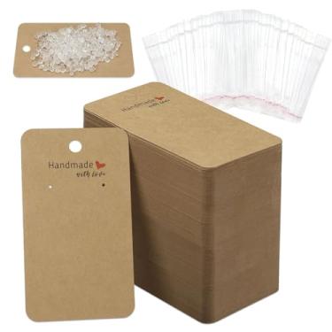 Imagem de Sekonow Pacote com 200 brincos, porta-cartões com 200 sacos e 400 costas, embalagem de brincos para venda de joias, feito à mão com etiquetas de amor, papelão kraft