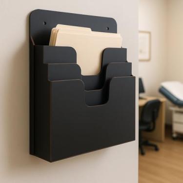 Imagem de Organizador de Documentos A4 em MDF com 3 Compartimentos, suporte para prontuários, folhas sulfite e arquivos, ideal para mesa de escritório e rotina organizada (Preto)