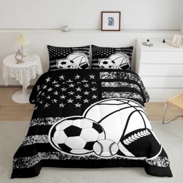 Imagem de Feelyou Jogo de edredom com bola mista, tamanho Queen, para meninos, meninas, adolescentes, futebol, beisebol, decoração de quarto, branco, branco