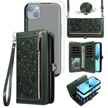 Imagem de Capa de celular para iPhone 13 Mini 5,4 polegadas com zíper carteira de celular com protetor de tela de vidro temperado alça de pulso porta-cartão flor iPhone13mini i-Phone 13minicase i iPhone13