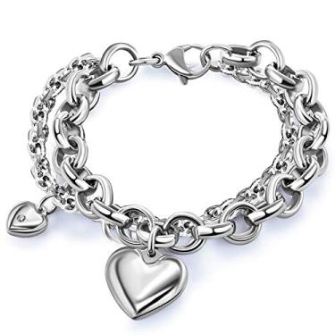 Imagem de Pulseira feminina com pingente de coração com corrente dupla linda de aço inoxidável gota de prata branca hot punk sexy hiphop joias meninas, 8 inch, Metal