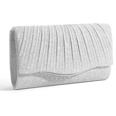 Imagem de XquiziFit Bolsa clutch feminina formal para noite com corrente removível de camurça sintética para festa de casamento, Prata 02