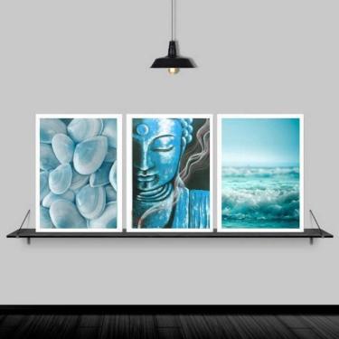 Imagem de Kit 3 Quadros Zen Buda Mar Azul 33X24Cm Moldura Branca