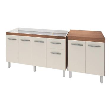 Imagem de Armário Cozinha Gabinete Pia De 140 cm Camile Com Balcão Multiuso Micro-ondas Savana Frente Off-white Serena