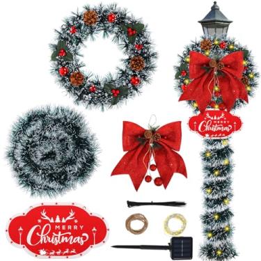 Imagem de DANHMAO Conjunto de 7 peças de decoração de poste de lâmpada de Natal com guirlanda de Natal, grande laço vermelho e 100 LEDs de luz solar para uso ao ar livre, poste solar para jardim, pátios e