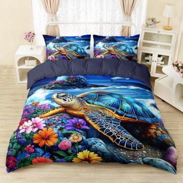 Imagem de AILONEN Conjunto de capa de edredom tamanho Queen com tartaruga marinha azul - Conjunto de cama com tema de praia e farol de céu estrelado para meninos e meninas - Capa de edredom de tartaruga floral