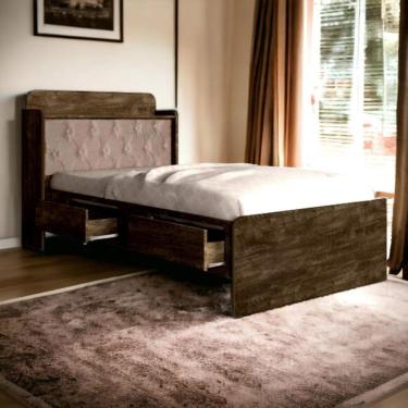 Imagem de Cama Tamires Baú Castanho Com Capitonê Bege