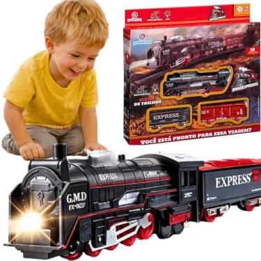 Imagem de Kit Trem De Brinquedo Infantil Eletrico Locomotiva com luz led vagões Pista Grande Ferroma mais de 2 metros de trilho presente menino 3 anos dia das crianças natal
