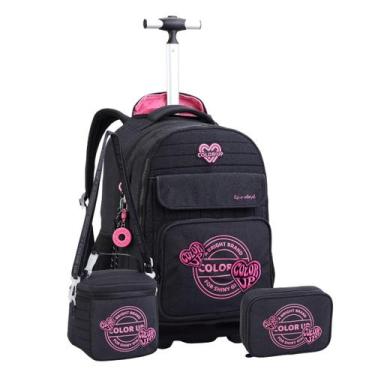 Imagem de Kit Mochila Rodas Color Up Meninas Lancheira Estojo Escolar Cor:Preto 