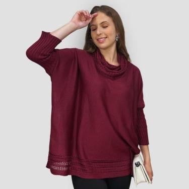 Imagem de Poncho Feminino Tricô Lã Gola Alta Quente Inverno Estilo - GIP, Bordô,
