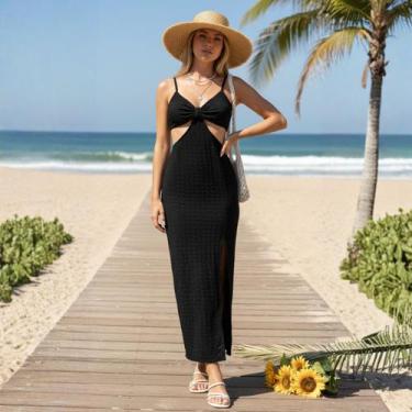 Imagem de Vestido Midi Alças Finas e Decote nas Costas Franzida Slim Cor:PretoTa