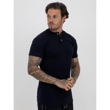 Imagem de Camiseta Slim Canelada Com Botão Lisa Estilo Americano Streetwear Justa ao Corpo Ribana Preto-Masculino