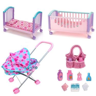 Imagem de Kit Carrinho Boneca Bebê Reborn C/ Berço Caminha e Bolsinha - Dm Toys,