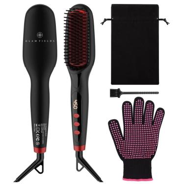 Imagem de Escova Alisadora Elétrica com Luva Anti Aquecimento, Aquece em 40S, 110v, GLAMFIELDS S102R, Preto